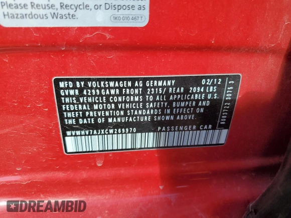 2012 Volkswagen GTI with VIN WVWHV7AJXCW269970, listed as a Copart auction lot 55638545 with 178,346 mi miles and Salvage title. Bid and sale history available at DreamBid. Image 12.