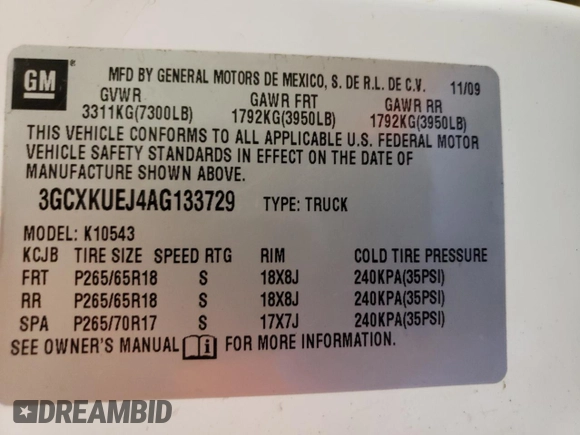 2010 Chevrolet Silverado 1500 1HY with VIN 3GCXKUEJ4AG133729, listed as a Copart auction lot 54064215 with 183,223 mi miles and Clean Title. Bid and sale history available at DreamBid. Image 12.
