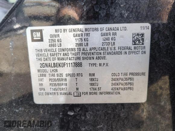 2015 Chevrolet Equinox LT with VIN 2GNALBEK0F1117888, listed as a Copart auction lot 50049905 with 159,306 mi miles and Salvage Title. Bid and sale history available at carsss.com. Image 14.