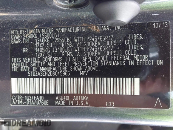 2013 Toyota Highlander with VIN 5TDZA3EH2DS045965, listed as a IAAI auction lot 41922104 with 182,688 mi miles and . Bid and sale history available at DreamBid. Image 9.