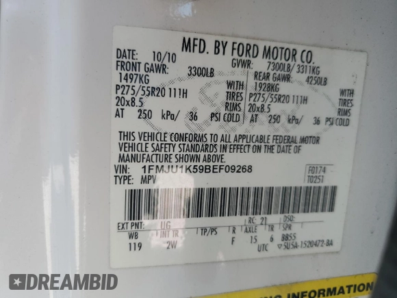 2011 Ford Expedition Limited with VIN 1FMJU1K59BEF09268, listed as a Copart auction lot 58311625 with 133,839 mi miles and Salvage title. Bid and sale history available at DreamBid. Image 13.