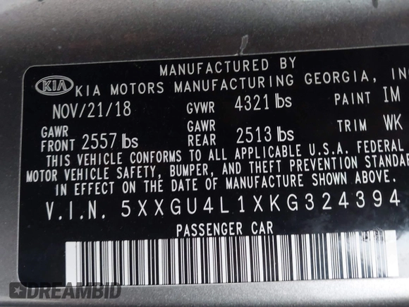 2019 Kia Optima EX with VIN 5XXGU4L1XKG324394, listed as a IAAI auction lot 41607905 with 69,980 mi miles. Bid and sale history available at carsss.com. Image 9.