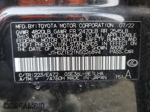 2022 Lexus IS 350 F Sport with VIN JTHGZ1E21N5026894, listed as a Copart auction lot 47077385 with 26,499 mi miles and Salvage title. Bid and sale history available at DreamBid. Image 12.