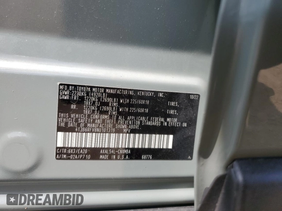2022 Toyota RAV4 Hybrid XLE Premium with VIN 4T3B6RFV8NU101319, listed as a Copart auction lot 60987535 with 100,070 mi miles and Salvage title. Bid and sale history available at DreamBid. Image 13.