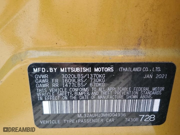 2021 Mitsubishi Mirage ES with VIN ML32AUHJ3MH004936, listed as a Copart auction lot 69059004 with 23,941 mi miles and Salvage Title. Bid and sale history available at carsss.com. Image 13.