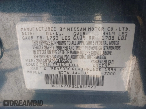 2016 Nissan Versa SV with VIN 3N1CN7AP3GL855973, listed as a IAAI auction lot 41993552 with 75,351 mi miles. Bid and sale history available at carsss.com. Image 9.
