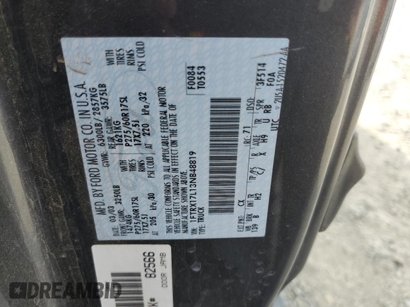 2003 Ford F-150 XL with VIN 1FTRX17L13NB48819, listed as a Copart auction lot 83693884 with 0 mi miles and Salvage Title. Bid and sale history available at carsss.com. Image 12.