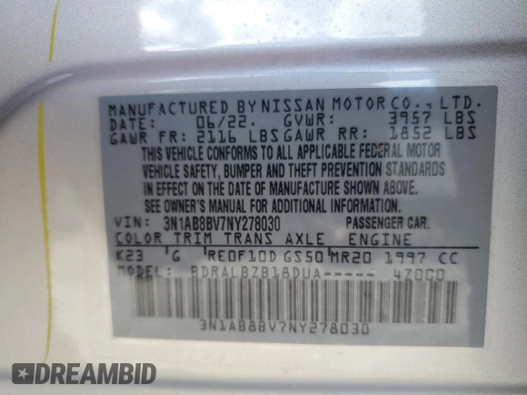 2022 Nissan Sentra S with VIN 3N1AB8BV7NY278030, listed as a Copart auction lot 80971773 with 2,292 mi miles and Clean Title. Bid and sale history available at carsss.com. Image 12.
