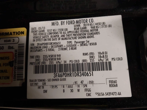 2013 Ford Fusion SE with VIN 3FA6P0HR1DR340651, listed as a IAAI auction lot 41078657 with 156,658 mi miles. Bid and sale history available at carsss.com. Image 9.