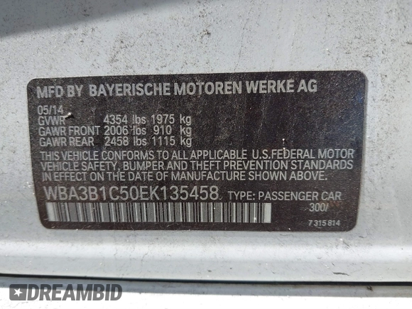2014 BMW 3 Series 320i with VIN WBA3B1C50EK135458, listed as a IAAI auction lot 41631722 with 1 mi miles. Bid and sale history available at carsss.com. Image 9.