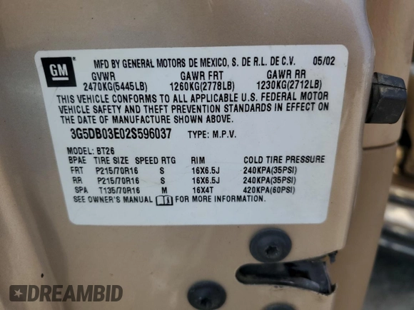 2002 Buick Rendezvous CXL with VIN 3G5DB03E02S596037, listed as a Copart auction lot 52425725 with 128,810 mi miles and Salvage Title. Bid and sale history available at DreamBid. Image 12.