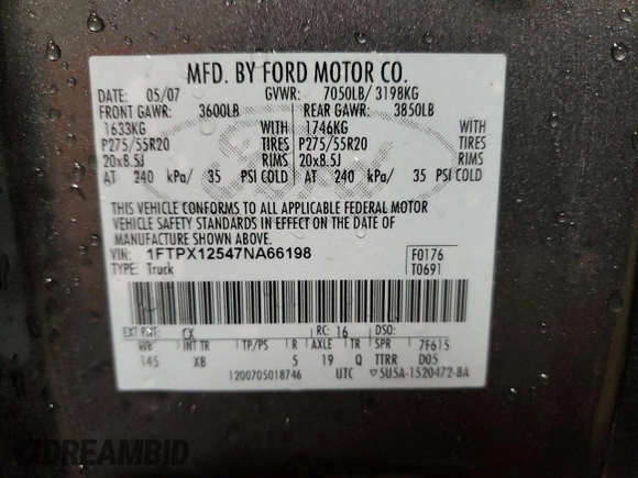 2007 Ford F-150 XLT with VIN 1FTPX12547NA66198, listed as a Copart auction lot 81275474 with 212,538 mi miles and Salvage Title. Bid and sale history available at carsss.com. Image 12.
