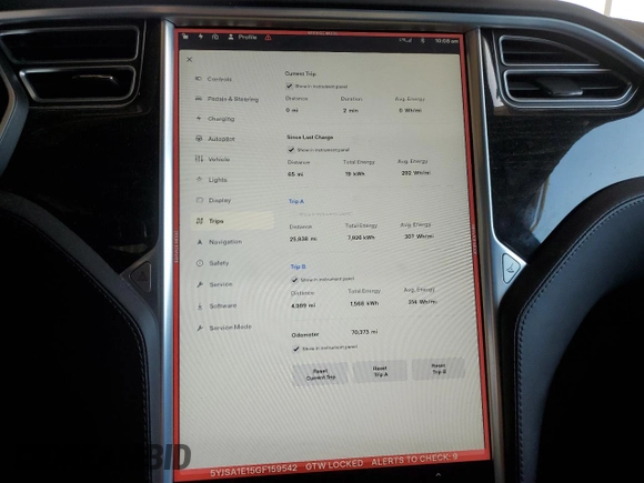 2016 Tesla Model S 70 with VIN 5YJSA1E15GF159542, listed as a Copart auction lot 58253965 with 70,373 mi miles and Salvage title. Bid and sale history available at DreamBid. Image 9.
