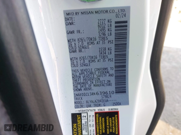 2024 Nissan Frontier S with VIN 1N6ED1CL5RN639610, listed as a IAAI auction lot 41705932 with 17,919 mi miles and . Bid and sale history available at DreamBid. Image 9.