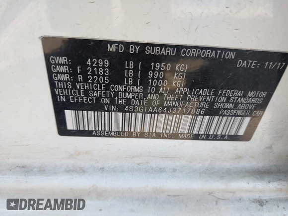 2018 Subaru Impreza with VIN 4S3GTAA64J3717886, listed as a IAAI auction lot 42572412 with 91,911 mi miles and . Bid and sale history available at DreamBid. Image 9.