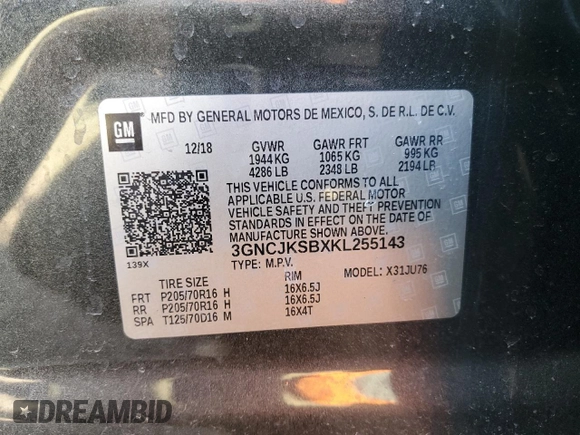 2019 Chevrolet Trax LS with VIN 3GNCJKSBXKL255143, listed as a Copart auction lot 48723885 with 79,430 mi miles and Salvage Title. Bid and sale history available at carsss.com. Image 15.