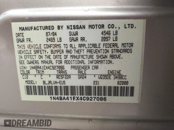 2004 Nissan Maxima SE with VIN 1N4BA41EX4C927086, listed as a IAAI auction lot 41734539 with 135,331 mi miles and . Bid and sale history available at DreamBid. Image 9.