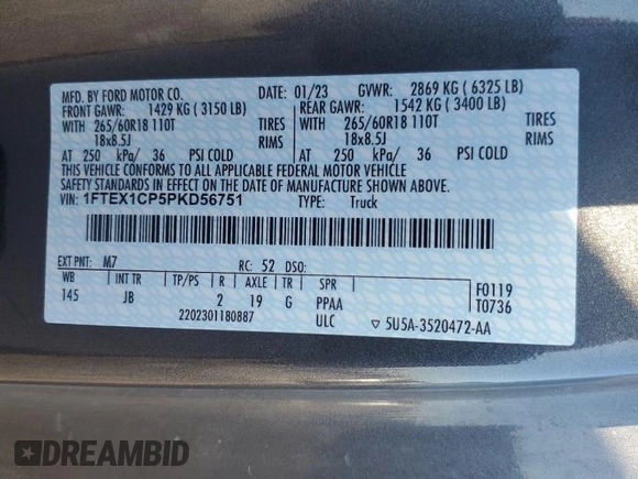 2023 Ford F-150 XL with VIN 1FTEX1CP5PKD56751, listed as a Copart auction lot 50373925 with 68,246 mi miles and Salvage title. Bid and sale history available at DreamBid. Image 14.