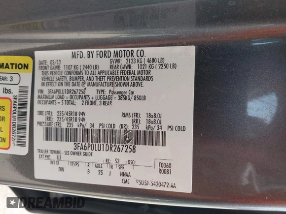 2013 Ford Fusion SE Hybrid с VIN 3FA6P0LU1DR267258, выставлен на аукционе IAAI как лот 42675187 с пробегом 184 121 миль миль и . История ставок и продаж доступна на DreamBid. Изображение 9.