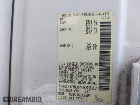 2012 Nissan Altima S z VIN 1N4AL2AP9CN468907, wystawiony jako IAAI lot #41976398 z przebiegiem Nie podano mil oraz . Historia ofert i sprzedaży dostępna na DreamBid. Obrazek 9.