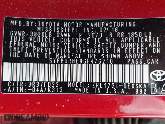 2016 Toyota Corolla L with VIN 5YFBURHE8GP476210, listed as a IAAI auction lot 42374710 with 114,994 mi miles and . Bid and sale history available at DreamBid. Image 9.