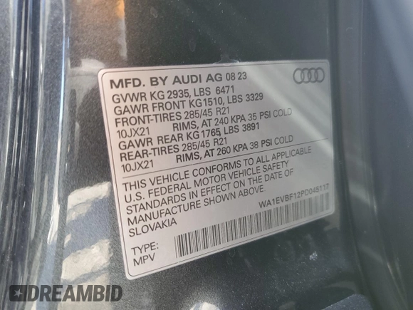 2023 Audi Q8 Premium Plus z VIN WA1EVBF12PD045117, wystawiony jako Copart lot #82049644 z przebiegiem Nie podano mil oraz Szkoda całkowita • Salvage title. Historia ofert i sprzedaży dostępna na DreamBid. Obrazek 16.