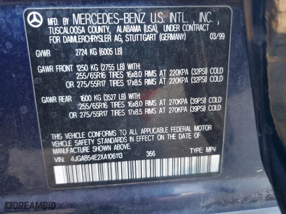 1999 Mercedes-Benz M-Class with VIN 4JGAB54E2XA106113, listed as a Copart auction lot 87996015 with 214,572 mi miles and Salvage Title. Bid and sale history available at carsss.com. Image 14.