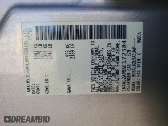 2010 Nissan Altima 2.5 S with VIN 1N4AL2AP9AC172584, listed as a Copart auction lot 83541234 with 124,004 mi miles and Salvage Title. Bid and sale history available at carsss.com. Image 13.
