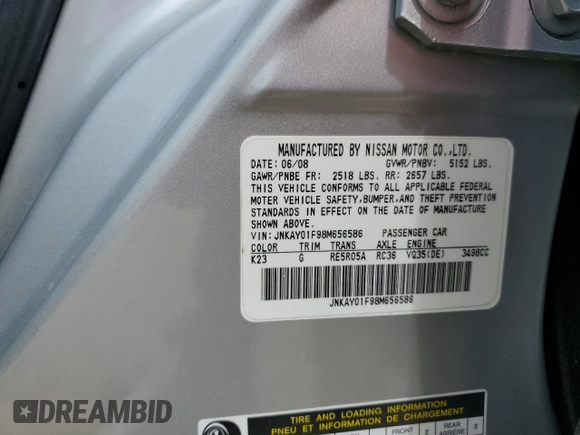 2008 Infiniti M with VIN JNKAY01F98M656586, listed as a Copart auction lot 62480865 with Not provided miles and Salvage title. Bid and sale history available at DreamBid. Image 12.