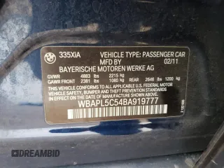 2011 BMW 3 Series 335i xDrive with VIN WBAPL5C54BA919777, listed as a Copart auction lot 53599895 with Not provided miles and Salvage title. Bid and sale history available at DreamBid. Image 12.