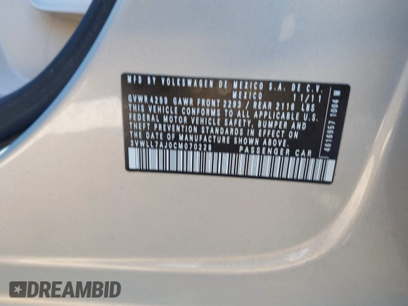 2012 Volkswagen Jetta TDI w/Premium with VIN 3VWLL7AJ0CM070228, listed as a IAAI auction lot 41709683 with Not provided miles and . Bid and sale history available at DreamBid. Image 9.