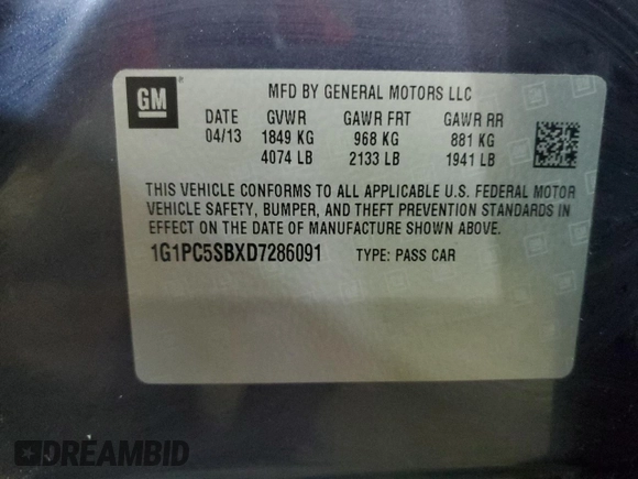2013 Chevrolet Cruze 1LT with VIN 1G1PC5SBXD7286091, listed as a Copart auction lot 50367335 with 184,474 mi miles and Clean Title. Bid and sale history available at DreamBid. Image 13.