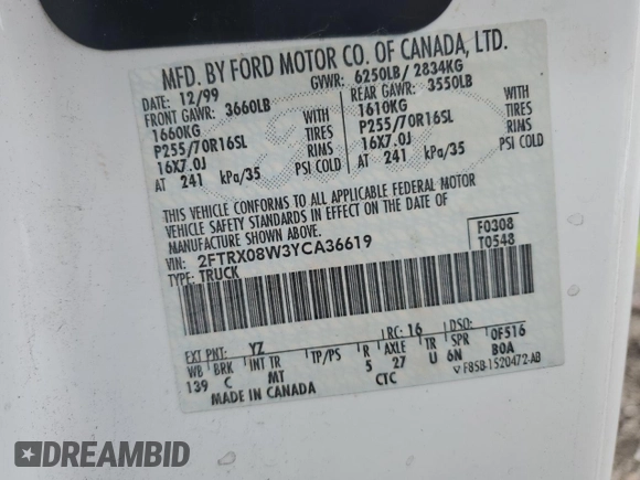 2000 Ford F-150 with VIN 2FTRX08W3YCA36619, listed as a Copart auction lot 62683885 with Not provided miles and Salvage title. Bid and sale history available at DreamBid. Image 13.