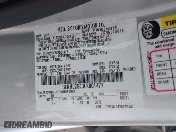 2012 Lincoln MKZ with VIN 3LNHL2GC3CR801477, listed as a IAAI auction lot 42127292 with 43,237 mi miles and . Bid and sale history available at DreamBid. Image 9.