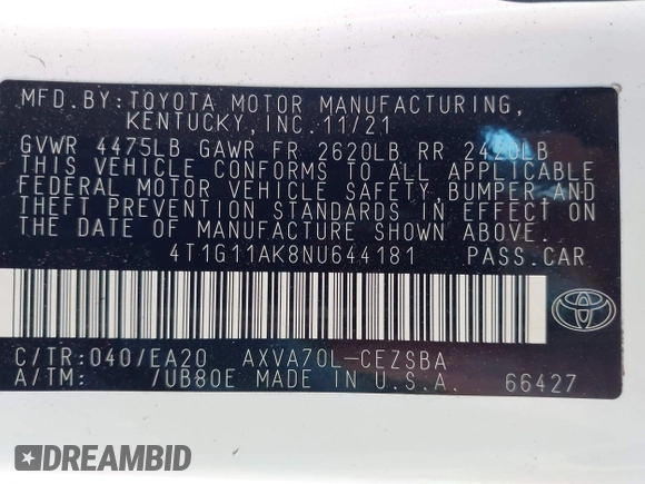 2022 Toyota Camry SE z VIN 4T1G11AK8NU644181, wystawiony jako IAAI lot #41979152 z przebiegiem 30 384 mil mil oraz . Historia ofert i sprzedaży dostępna na DreamBid. Obrazek 9.