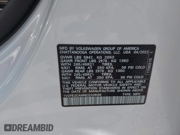 2022 Volkswagen Atlas SEL Premium R-Line with VIN 1V2FE2CA6NC220596, listed as a IAAI auction lot 41864407 with 13,120 mi miles and . Bid and sale history available at DreamBid. Image 9.