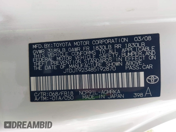 2008 Toyota Yaris with VIN JTDJT923485192870, listed as a IAAI auction lot 41939081 with 218,082 mi miles. Bid and sale history available at carsss.com. Image 9.