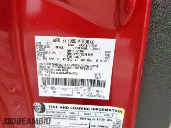 2010 Ford F-150 XL with VIN 1FTEW1C86AKE64072, listed as a Copart auction lot 50320145 with 283,771 mi miles and Salvage Title. Bid and sale history available at DreamBid. Image 12.