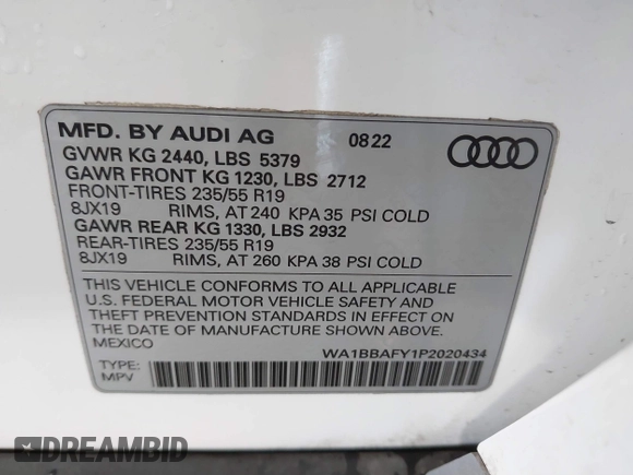 2023 Audi Q5 Premium Plus with VIN WA1BBAFY1P2020434, listed as a IAAI auction lot 40964961 with 26,606 mi miles and . Bid and sale history available at DreamBid. Image 9.
