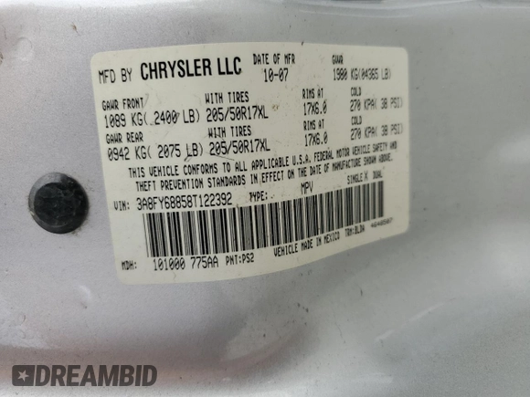 2008 Chrysler PT Cruiser Limited with VIN 3A8FY68858T122392, listed as a Copart auction lot 87482544 with 69,679 mi miles and Salvage title. Bid and sale history available at DreamBid. Image 12.
