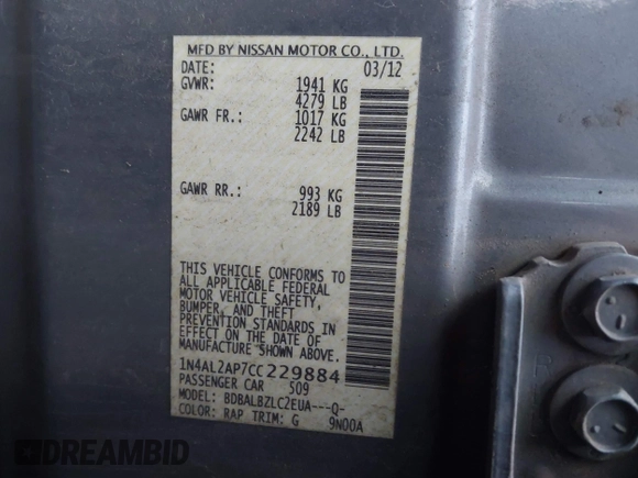 2012 Nissan Altima S z VIN 1N4AL2AP7CC229884, wystawiony jako IAAI lot #41644807 z przebiegiem 230 141 mil mil oraz . Historia ofert i sprzedaży dostępna na DreamBid. Obrazek 9.