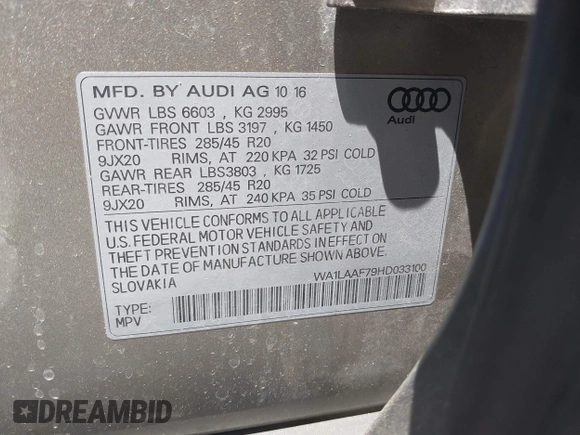 2017 Audi Q7 Premium Plus with VIN WA1LAAF79HD033100, listed as a IAAI auction lot 42614847 with 118,774 mi miles and . Bid and sale history available at DreamBid. Image 9.