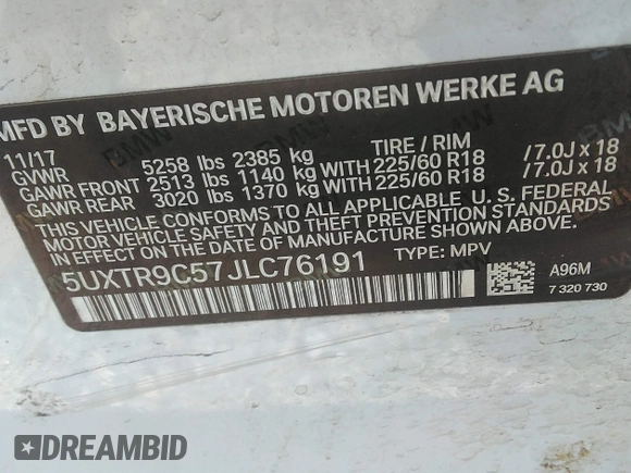 2018 BMW X3 xDrive30i with VIN 5UXTR9C57JLC76191, listed as a IAAI auction lot 42037489 with Not Provided miles and . Bid and sale history available at DreamBid. Image 9.