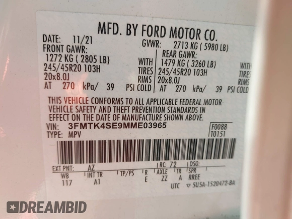 2021 Ford Mustang Mach-E GT with VIN 3FMTK4SE9MME03965, listed as a IAAI auction lot 41453185 with 16,250 mi miles and . Bid and sale history available at DreamBid. Image 9.