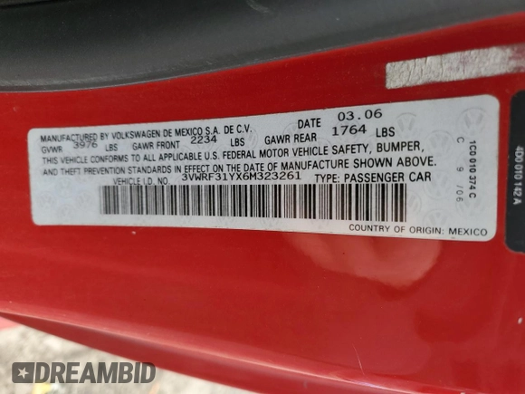 2006 Volkswagen Beetle z VIN 3VWRF31YX6M323261, wystawiony jako Copart lot #87218704 z przebiegiem 81 540 mil mil oraz Szkoda całkowita • Salvage title. Historia ofert i sprzedaży dostępna na DreamBid. Obrazek 15.