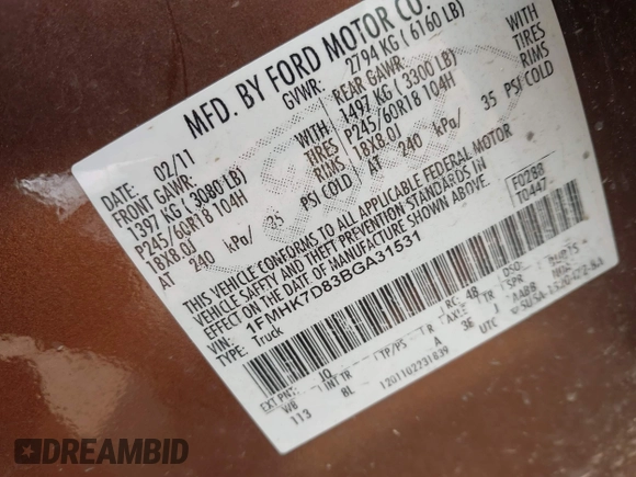 2011 Ford Explorer XLT with VIN 1FMHK7D83BGA31531, listed as a IAAI auction lot 42412686 with 236,673 mi miles and . Bid and sale history available at DreamBid. Image 9.