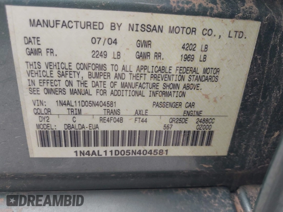 2005 Nissan Altima 2.5 S with VIN 1N4AL11D05N404581, listed as a IAAI auction lot 42073642 with 92,918 mi miles. Bid and sale history available at carsss.com. Image 9.