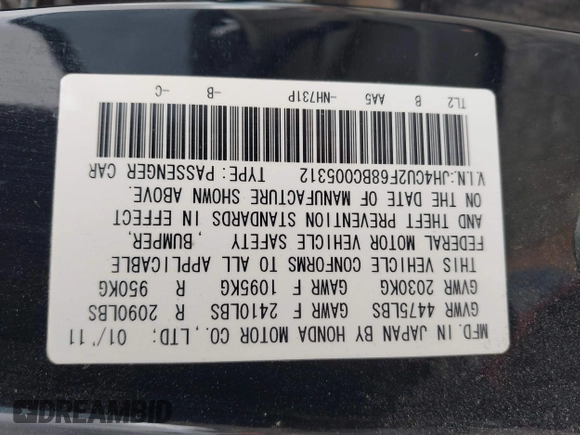 2011 Acura TSX z VIN JH4CU2F68BC005312, wystawiony jako IAAI lot #42331991 z przebiegiem 182 356 mil mil oraz . Historia ofert i sprzedaży dostępna na DreamBid. Obrazek 9.