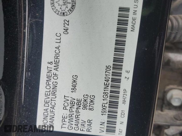 2022 Honda Civic Sport Touring z VIN 19XFL1G81NE401705, wystawiony jako Copart lot #55492835 z przebiegiem 75 043 mil mil oraz Szkoda całkowita • Salvage title. Historia ofert i sprzedaży dostępna na DreamBid. Obrazek 13.