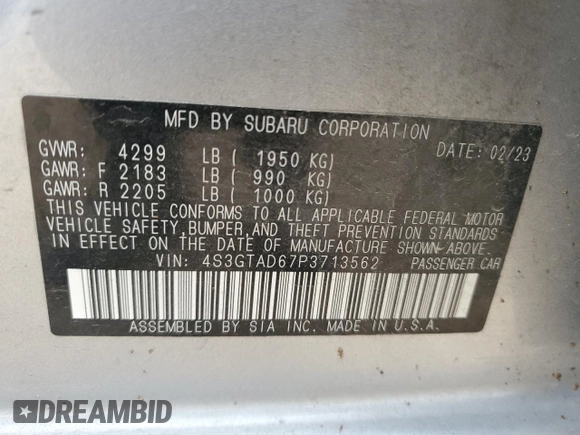 2023 Subaru Impreza Premium with VIN 4S3GTAD67P3713562, listed as a Copart auction lot 54821275 with 36,995 mi miles and Salvage title. Bid and sale history available at DreamBid. Image 12.